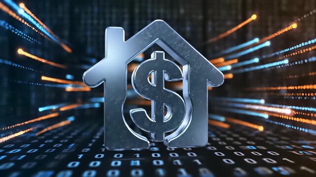 A dollar sign prominently displayed in a houses design, juxtaposed with a digital image of another dollar sign on a computer screen, captures the conceptual meaning of economic prosperity and.