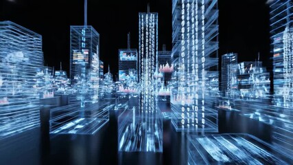 Abstract digital data flow in a futuristic city with binary code and glowing light trails representing advanced technology and global network connections. - Powered by Adobe