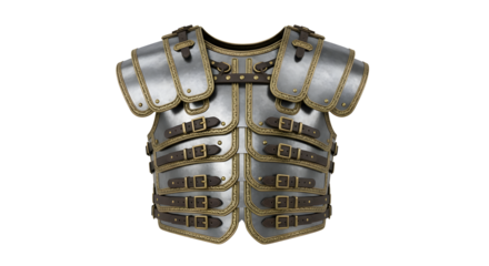 Medieval Chest Armor: Steel cuirass with shoulder plates and buckled segments isolated on a transparent PNG background