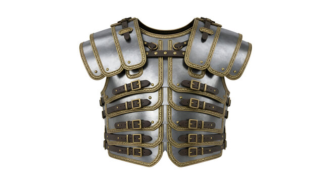 Medieval Chest Armor: Steel cuirass with shoulder plates and buckled segments isolated on a transparent PNG background