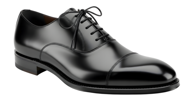 Black Oxford Dress Shoe: Classic polished men’s formal footwear isolated on a transparent PNG background
