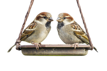 Two sparrows perched on hanging bird feeder in natural birdwatching scene. Perfect for wildlife and nature projects. High-quality photography PNG with transparent background for easy editing.