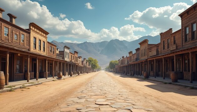 Empty main street in old western town. Road with cobblestones in deserted wild west city. Wooden buildings against blue sky, clouds background. Mountains are visible at horizon. Scenic panorama view.