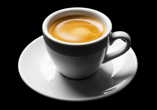 Close up of a cup of espresso coffee on a white saucer on black background - Powered by Adobe