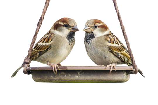 Two sparrows perched on hanging bird feeder in natural birdwatching scene. Perfect for wildlife and nature projects. High-quality photography PNG with transparent background for easy editing.