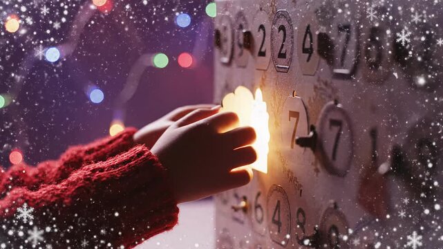 Child opening a wooden advent calendar with magical light glowing inside. Hands in a red sweater discovering a holiday surprise. Christmas countdown concept with falling snow and bokeh