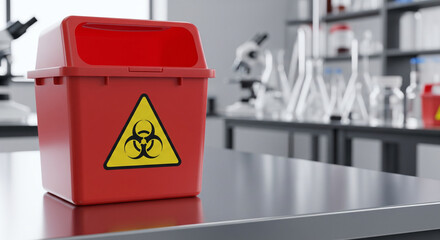 Red Medical Biohazard Waste Container on Metal Table in Laboratory Environment