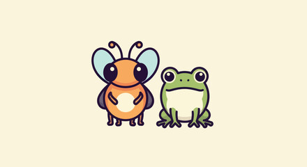 Illustration of a bee-like insect and a frog, side by side, on a beige background