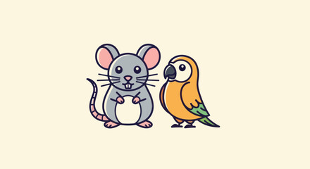 A cartoon mouse and parrot are side by side, on a cream background. The style is cute