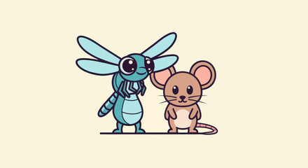 A cute dragonfly and mouse stand together, set against a cream background