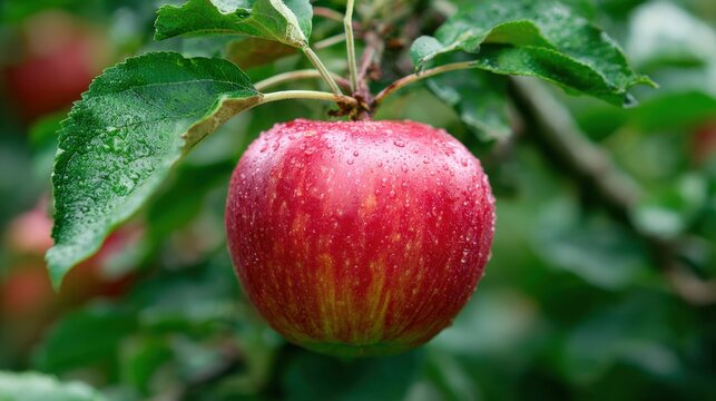A vibrant red apple hangs from a tree covered in fresh dew showcasing natures beauty on a crisp autumn morning.