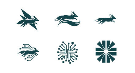 Six stylized emblems. Foxes and circuit boards form the central motifs, displayed in shades of teal