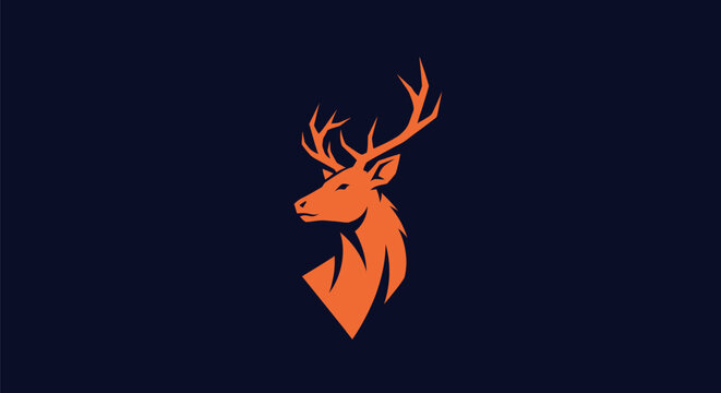 An orange deer silhouette, facing left, with detailed antlers, on a dark blue background