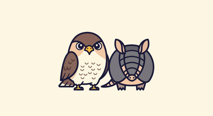 A cartoon illustration featuring a stylized bird and armadillo, side-by-side on light background