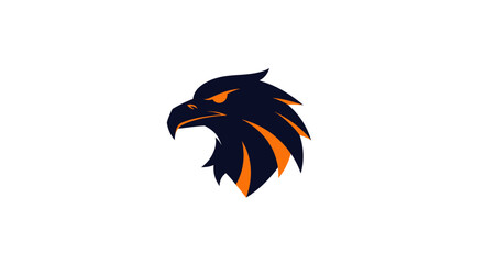 A stylized eagle head, dark navy with orange accents, facing left, with an intense glare