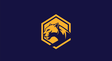 A stylized golden cougar head within a hexagon frame, centered on a dark blue background