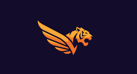 A stylized tiger with wings, in shades of orange against a dark purple background