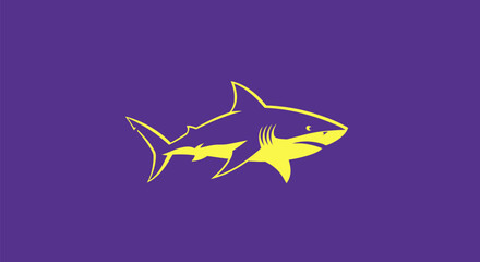 A stylized yellow shark silhouette on a purple background