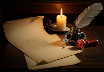 An Antique Desk Scene with a Quill Pen, Inkwell, and a Handwritten Love Letter on Aged Parchment Paper - Copy Space Text