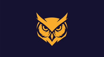 A stylized owl head in gold against a navy blue background, symmetrical, with sharp lines