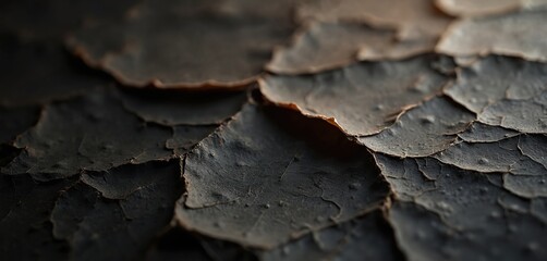 Close up photo shows rough dark surface. Texture looks like old torn paper or cracked wall. Abstract background has vintage feel suggesting age deterioration.
