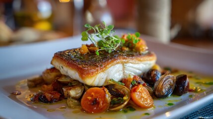 Delicious grilled fish topped with herbs and surrounded by roasted vegetables on a lovely plate.