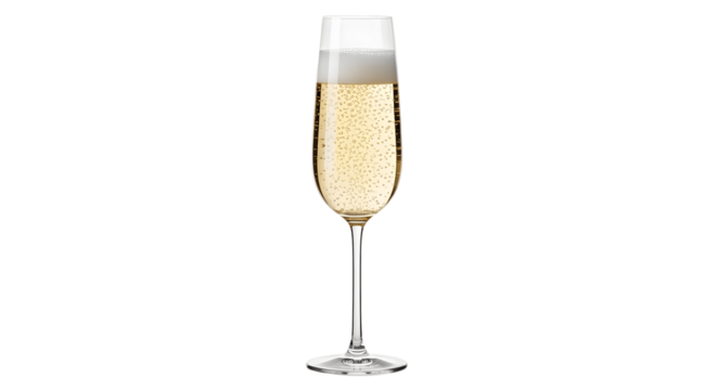 Champagne Glass with Bubbles: Elegant flute filled with sparkling wine isolated on a transparent PNG background