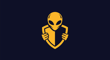An alien holding a shield, yellow graphic on navy blue background