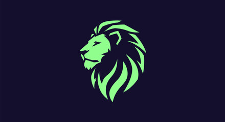 A stylized lion's head in profile, rendered in bright green against a dark blue background