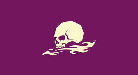 A stylized skull with fiery details on a purple background, a graphic design in a minimalist style