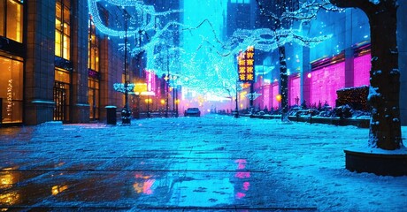 Winter street scene. Bright lights illuminate wet pavement, buildings. Snowy conditions create cool atmosphere. Festive decorations visible.
