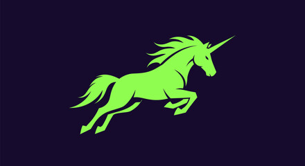 A neon-green silhouette of a unicorn leaping against a dark purple background