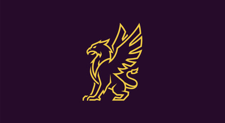 A golden griffin outline on a dark purple background, heraldic with wings