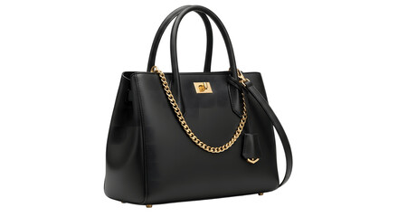 Naklejka premium Black Leather Handbag: Elegant luxury purse with gold chain accents isolated on a transparent PNG background