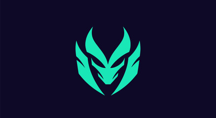 A teal-green stylized emblem with a menacing face on a deep navy background