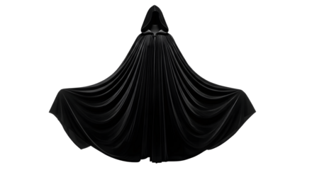 Black Hooded Cloak: Dramatic flowing cape costume isolated on a transparent PNG background