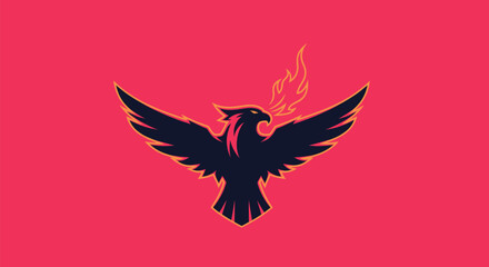 A black stylized bird with orange accents and flame breathing, set against a pink background