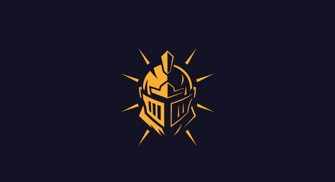 Fototapeta A golden knight helmet icon with radiating spikes on a dark blue background