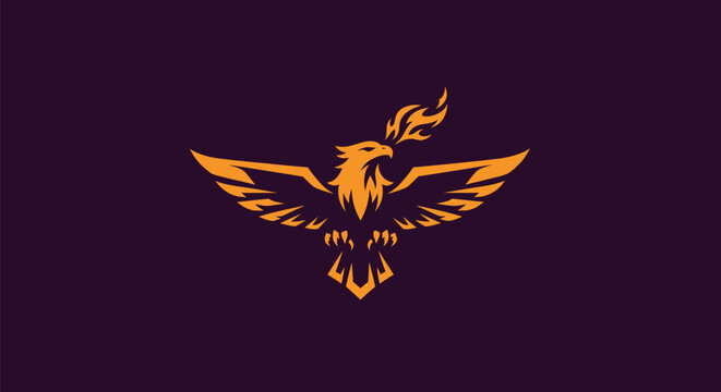 A stylized eagle emblem in gold against a dark purple background, breathing fire