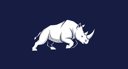 A white rhino illustration, in motion, set against a dark blue background © gudangPIXEL