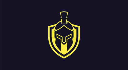 Yellow Spartan helmet within a shield on a dark navy background. Simple, geometric design