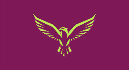 A geometric eagle spreads its wings against a purple background
