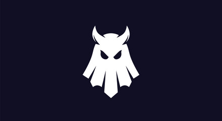 White devil-like emblem with horns and a draped body on a dark background