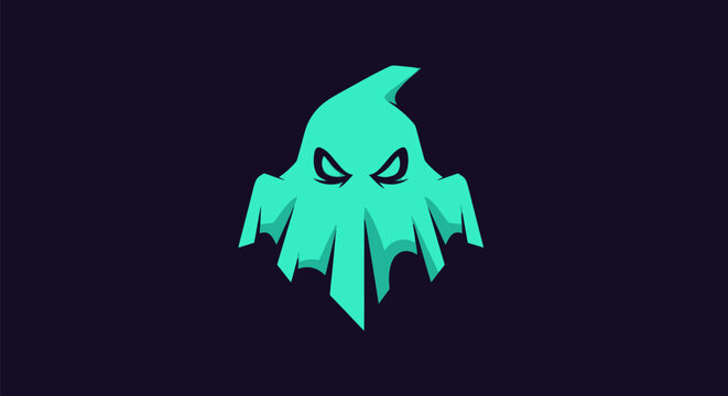 A stylized ghost figure, teal on a dark purple background, with a fierce expression