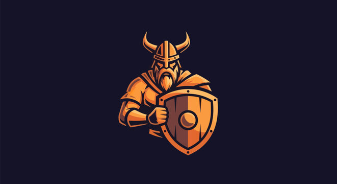 A stylized golden Viking figure with horned helmet and shield. Dark background
