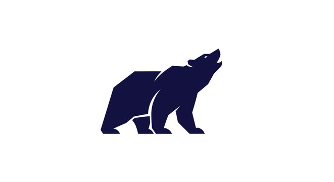 A stylized dark blue bear, howling upwards. Geometric shapes form the animal's silhouette on white