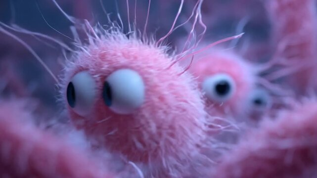 A funny pink rounded microbe with an expressive face, spinning around itself playfully, concept of microbiology, medicine, viruses, bacteria, and microbes