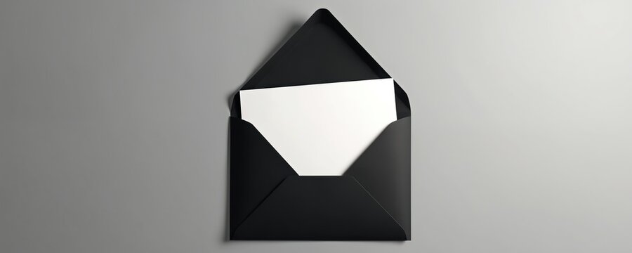 Black open envelope with blank white paper card inserted against simple grey studio background. Clean mockup provides empty copy space for custom text like invitations, greeting messages, business