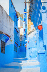 Beautiful street of blue medina in city Chefchaouen,  Morocco, Africa.