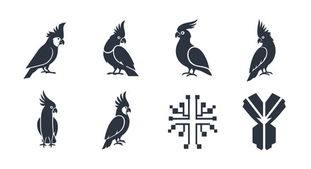 Collection of stylized parrot silhouettes and abstract geometric shapes on a white background
